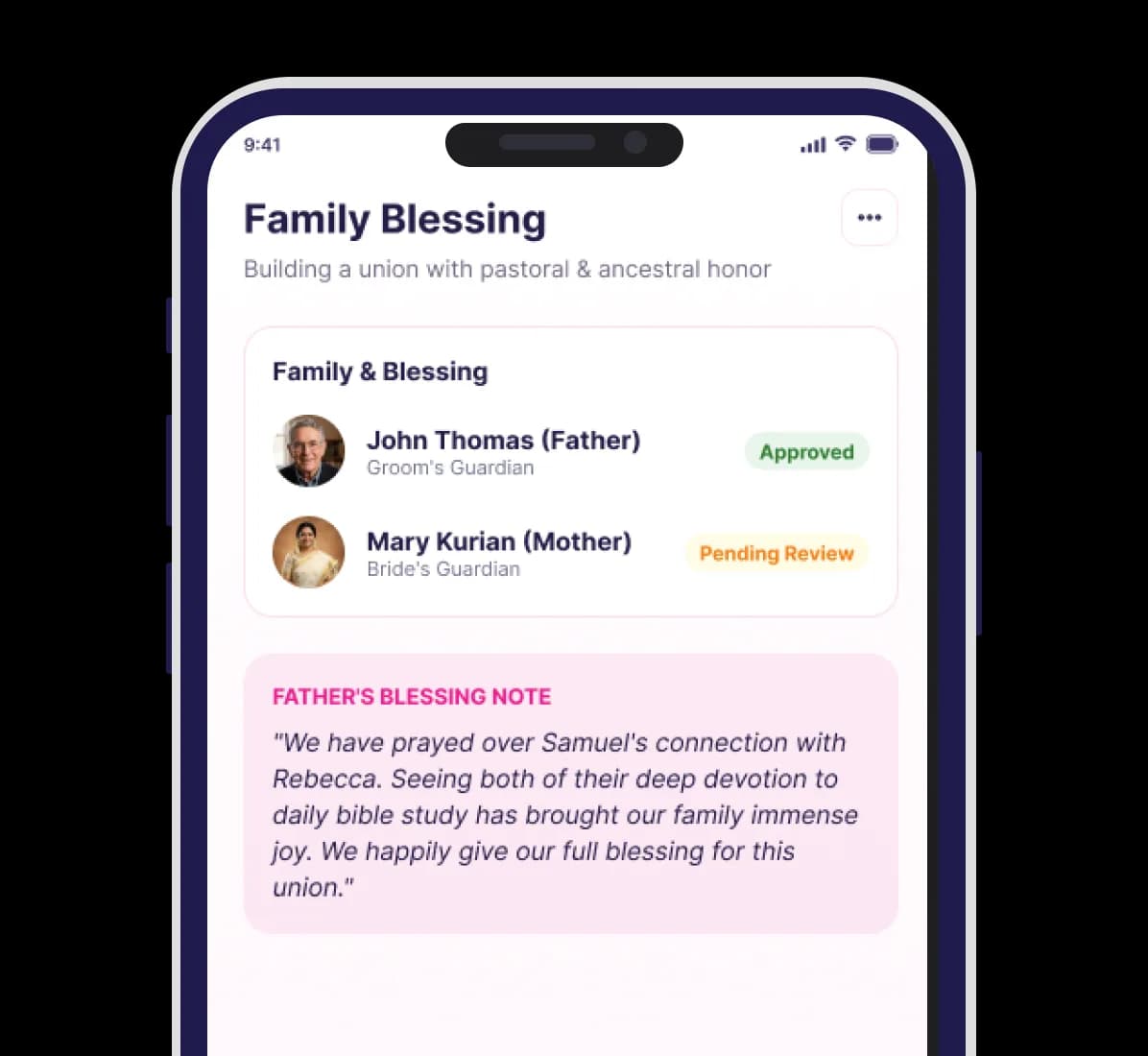 The Union app showing family and pastoral counsel invited into the journey