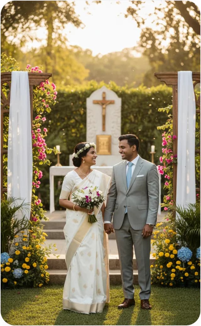 A bride and groom smiling beneath a flower-decked garden altar