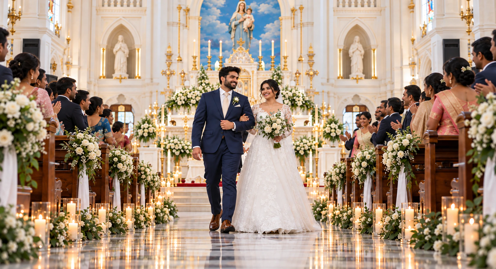 A bride and groom walking down the aisle of their church